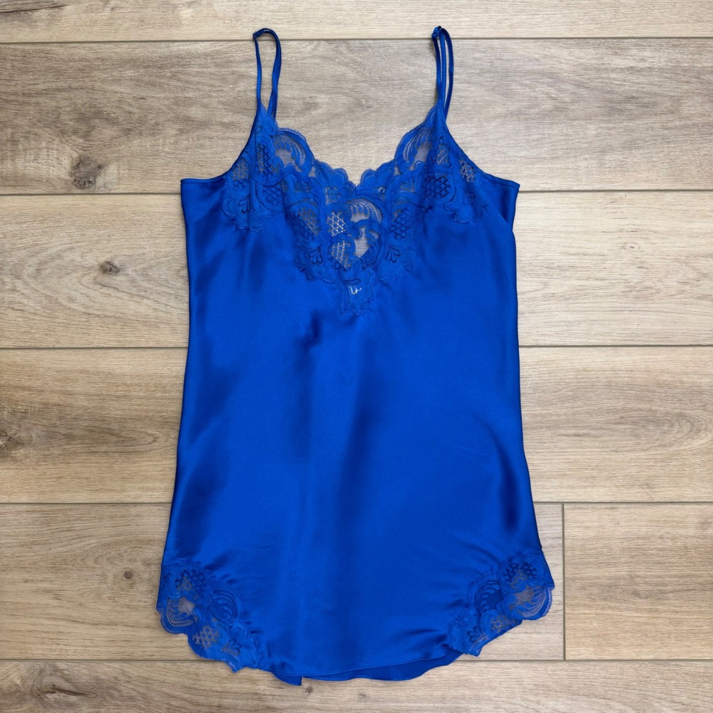 Vintage Victorias Secret Royal Blue Satin Lace Chemise Nightgown Small RN 54867